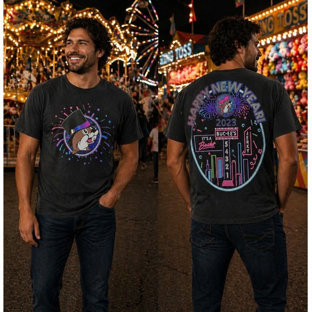 Bucees Happy New Year 2023 Black Shirt Mens Medium 38 40 Graphic Tee NWOT